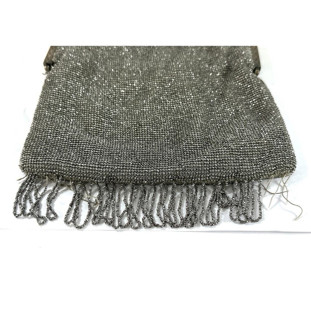 Antique Art Deco Silver Tone Mesh Evening Purse Beaded Fringe Chain Handle 1920s - Picture 11 of 11